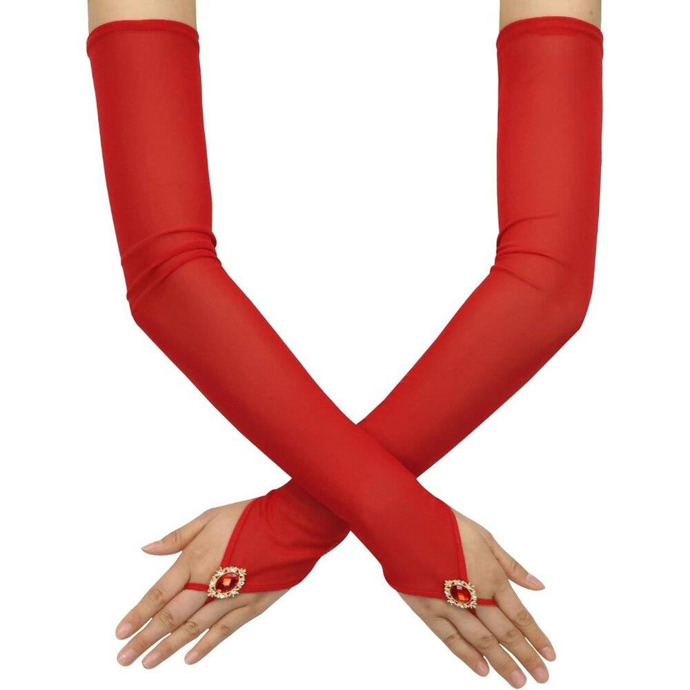 Women's Dark Red Long Fabric Finger Loop Gloves Bridal Wedding Party Costume